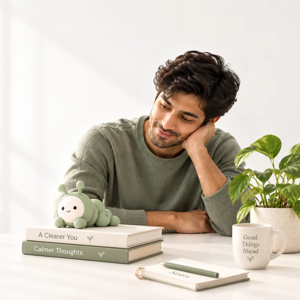 Untie, a calm little companion resting on books beside a plant
